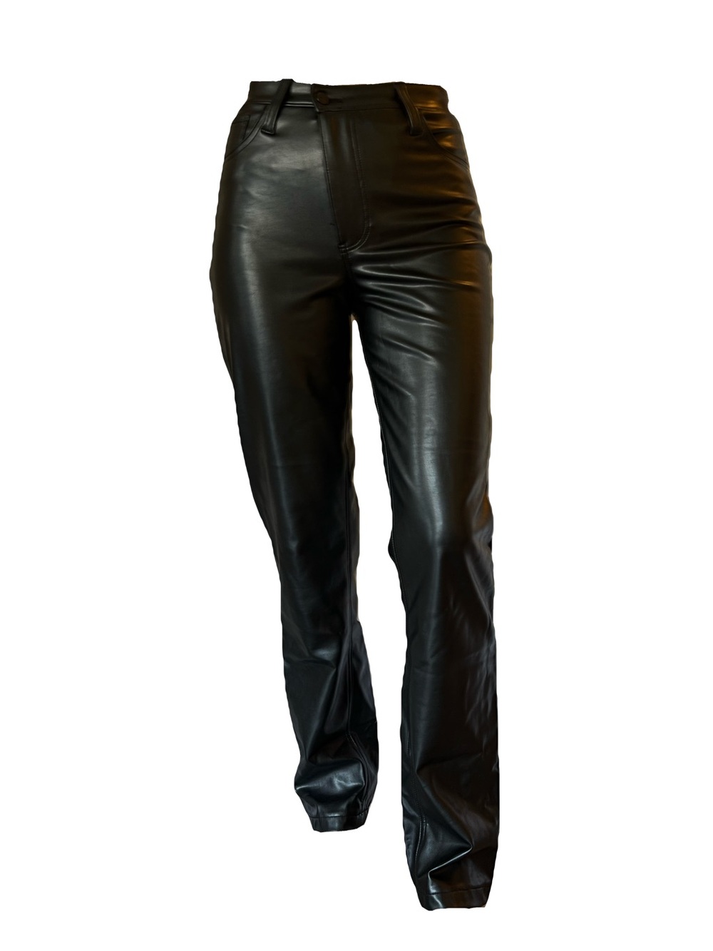 High-Waist Black Vegan Leather Straight-Leg Pants